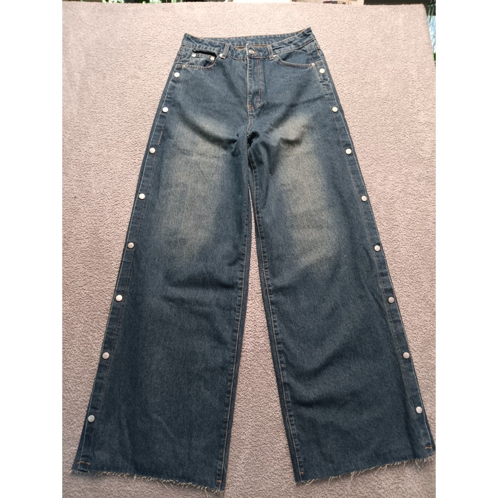 SUMWON Studios Snap-Side Wide Leg Jeans Women's Size 30‎ Raw Hem Blue Denim NWT